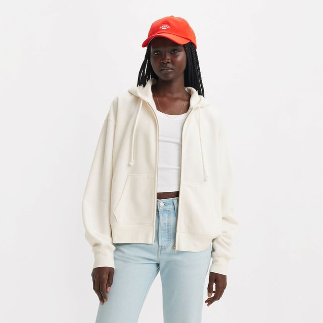 Sweat zippé à capuche blanc cassé <span itemprop=