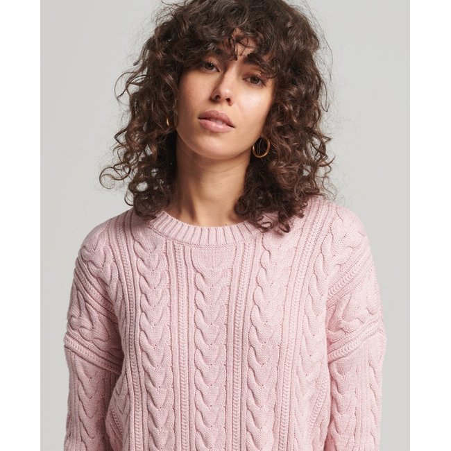 Pull ras-du-cou en maille torsadée à épaules tombantes nappa rose twist <span itemprop=