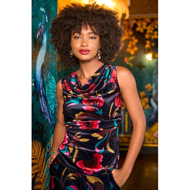 Haut Col Bénitier en Velours Imprimé Fleuri multicolore <span itemprop=