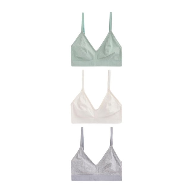 Brassière côtelée en coton à logo, lot de 3 bleu/gris/crème <span itemprop=