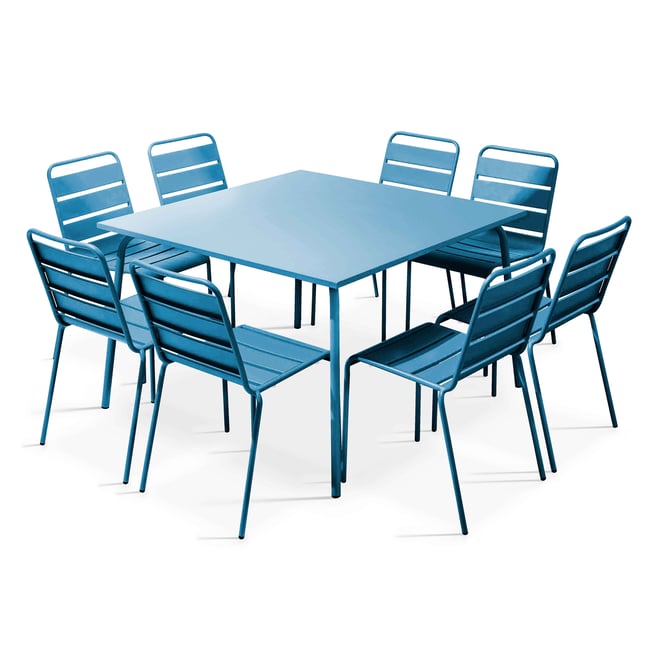 Salon de jardin table carrée et 8 chaises en métal, PALAVAS bleu pacific <span itemprop=