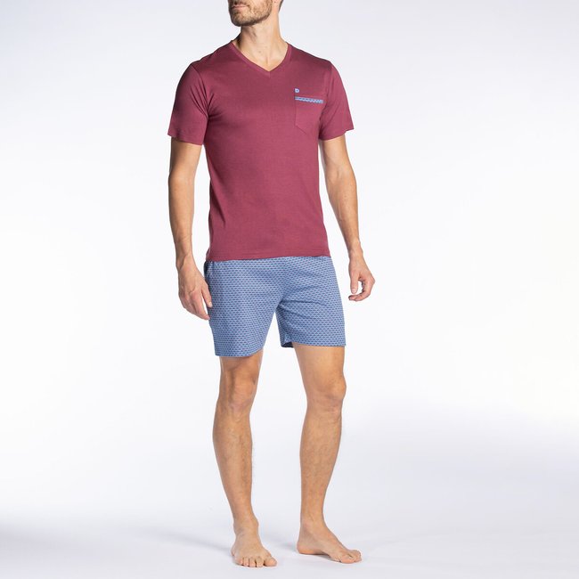 Pyjama court col V rouge + bleu imprimé <span itemprop=
