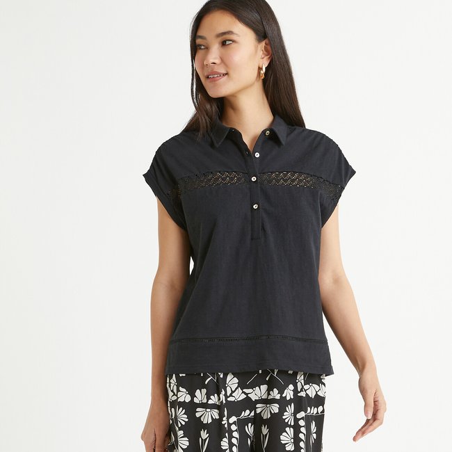 Cotton Polo Shirt with Short Sleeves, black, ANNE WEYBURN