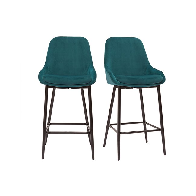 Tabourets de bar en tissu velours bleu pétrole et métal noir H65 cm (lot de 2) HOLO Couleur bleu canard <span itemprop=