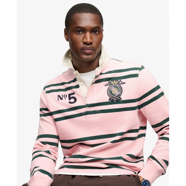 Top Rugby Double Emblem Coupe Décontractée rayures duo rose <span itemprop=