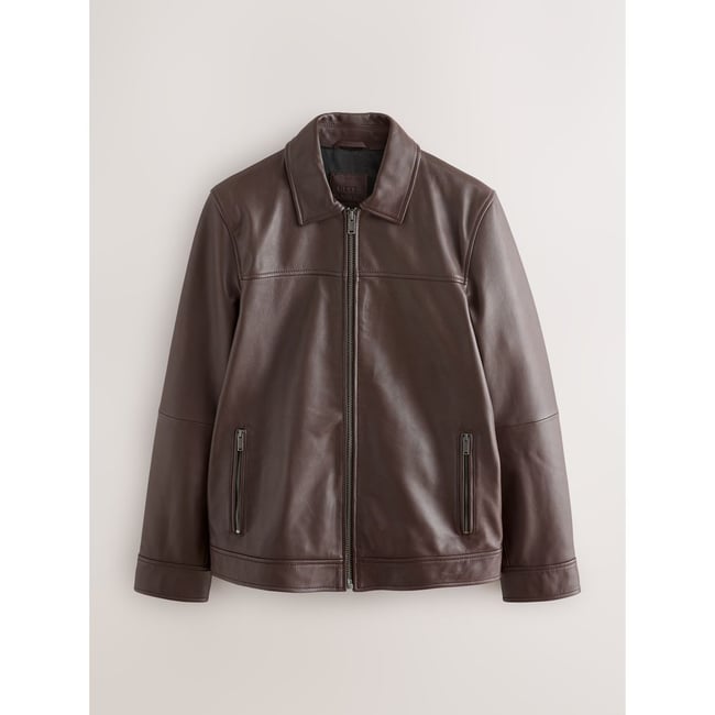 Veste en cuir avec col Signature brun rouge <span itemprop=
