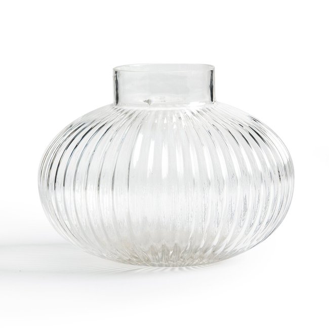 Jarrón redondo de vidrio estriado Al.15 cm, Afa transparente <span itemprop=