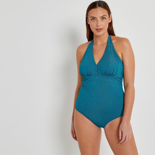 Bañador estilo fular efecto vientre plano negro irisado <span itemprop=