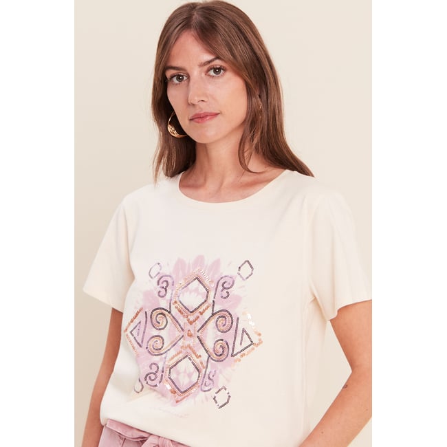 T-shirt col rond manches courtes ecru <span itemprop=