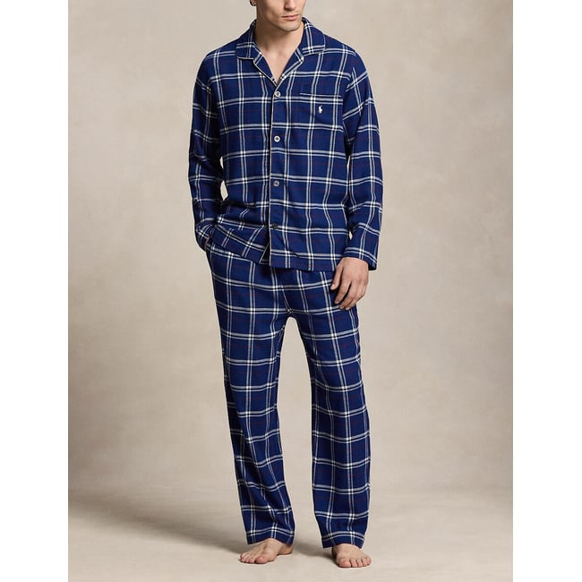Conjunto de pijama largo de franela cuadros azul marino <span itemprop=