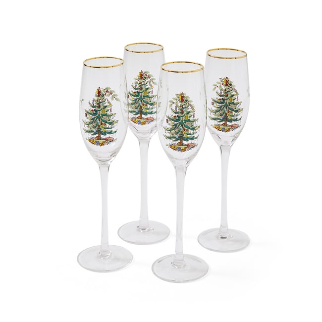 Set of 4 Christmas Tree Champagne Flute Glasses, transparent, SPODE