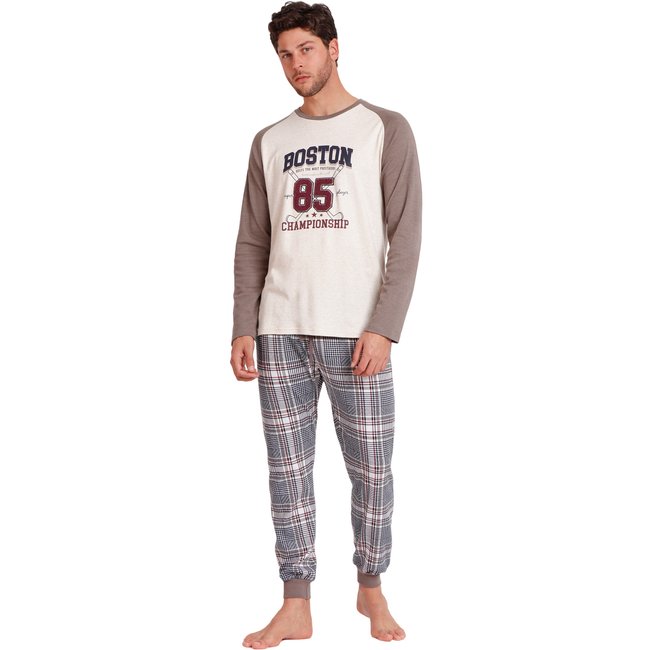 Pyjama tenue pantalon top manches longues Boston beige <span itemprop=