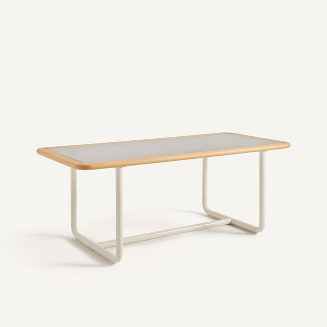 Table à manger rectangulaire, plateau verre bullé, 6 personnes, UBLO Couleur chêne/beige <span itemprop=
