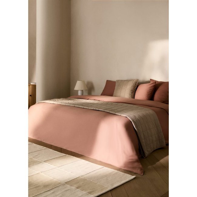 Housse de couette coton et satin lavé double surpiqûre lit 180/200 cm rouge-orangé <span itemprop=