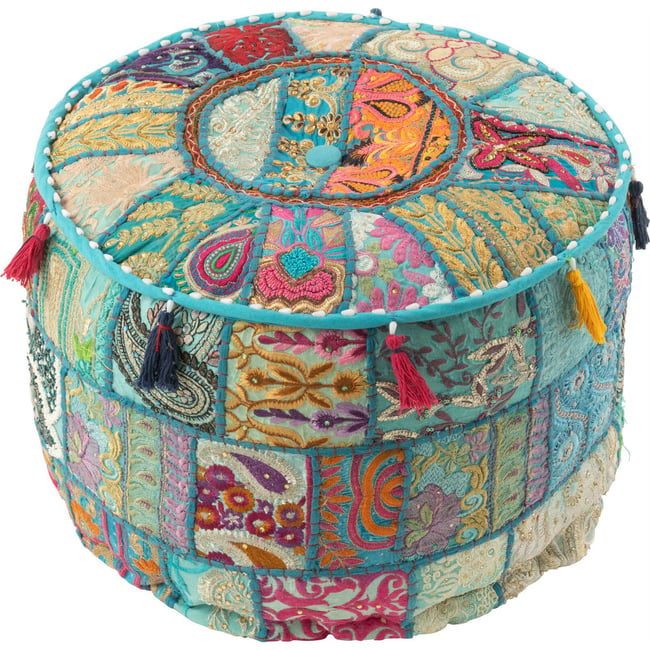 Pouf rond en coton motifs ethniques et flocages Couleur bleu motifs ethniques multicolores <span itemprop=