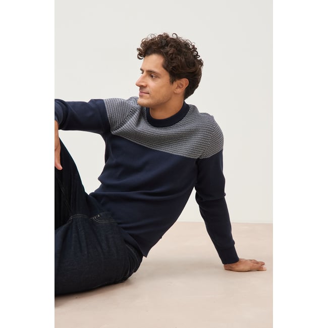 Pull droit fin col rond manches longues bleu marine <span itemprop=