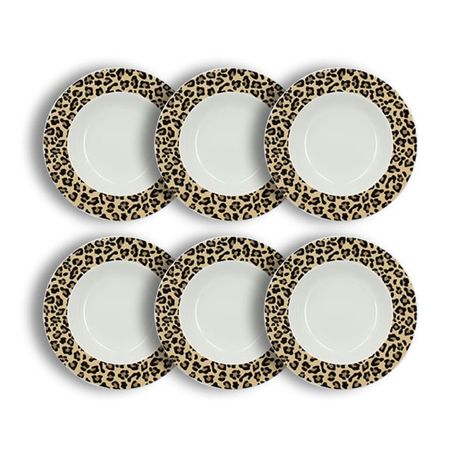 Lot de 6 assiettes creuses 20cm en porcelaine, LEOPARD Couleur beige <span itemprop=
