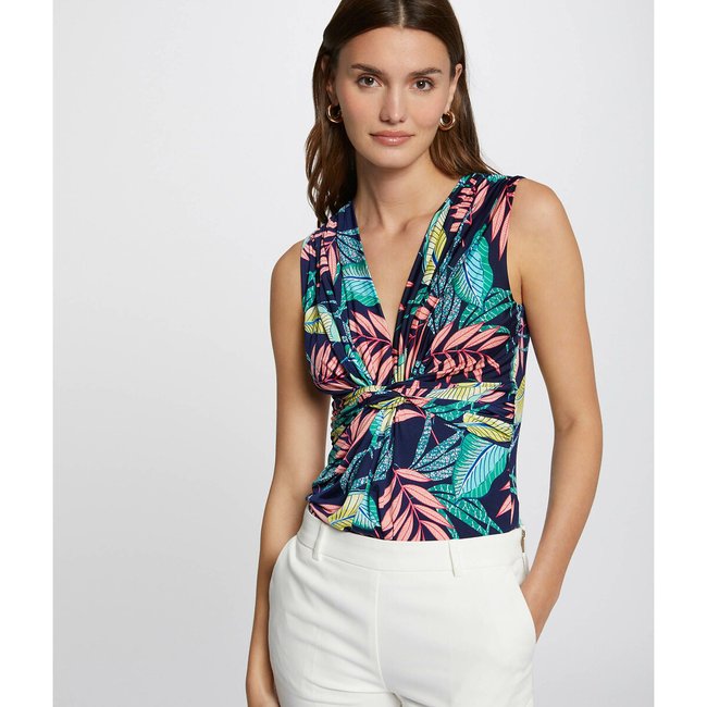 Leaf Print Sleeveless T-Shirt with V-Neck, blue, MORGAN
