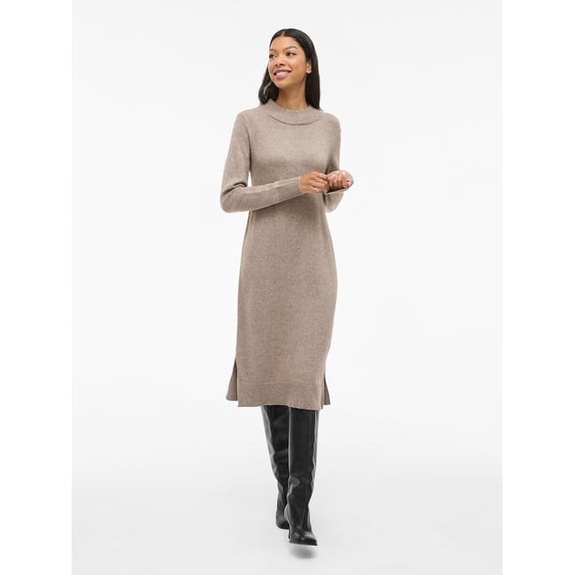 Robe Pull Midi, En Fine Maille, Col Montant taupe <span itemprop=