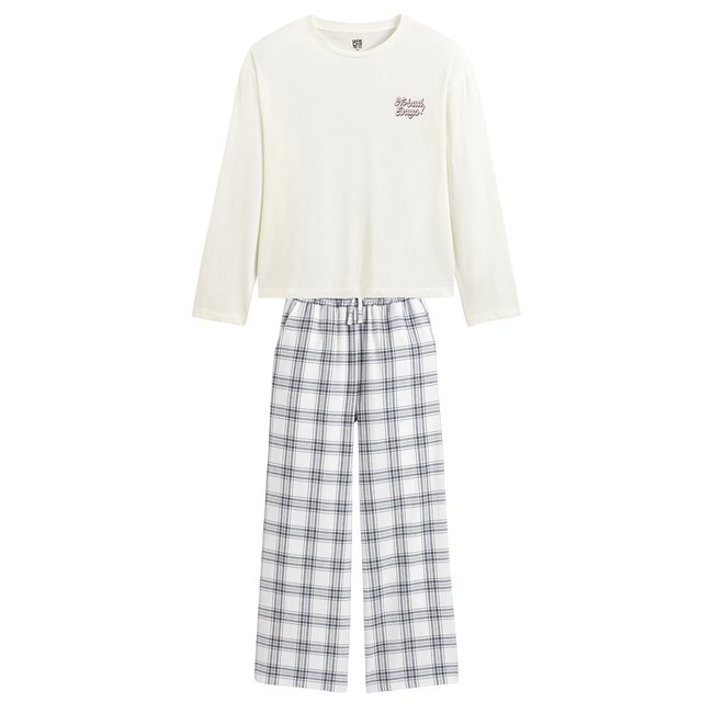 Pyjama à message, bas imprimé carreaux ecru/anthracite <span itemprop=