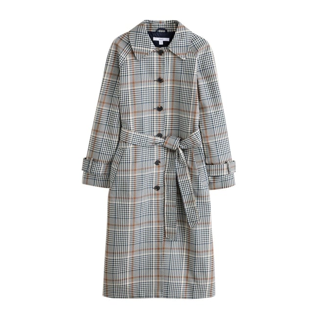 Trench mi-long à ceinture carreaux neutres <span itemprop=