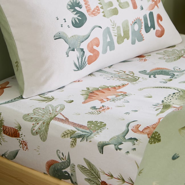 Brushed Sleepy Saurus Dino Cotton Fitted Sheet, cream, CATHERINE LANSFIELD