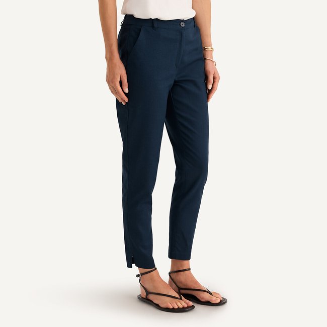 Pantalon droit 7/8ème, lin et coton marine <span itemprop=