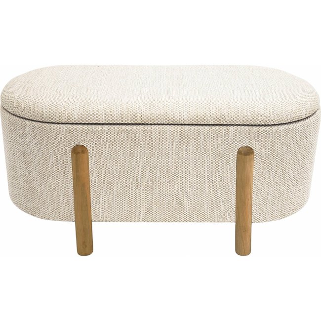 Banc coffre tissu naturel avec pieds bois et espace de rangement Couleur beige naturel et bois clair <span itemprop=