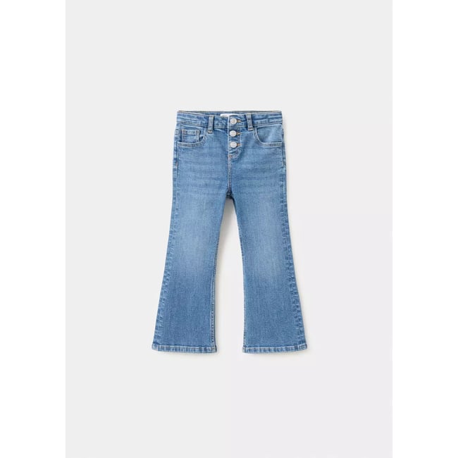 Jean flare triple à bouton bleu moyen <span itemprop=