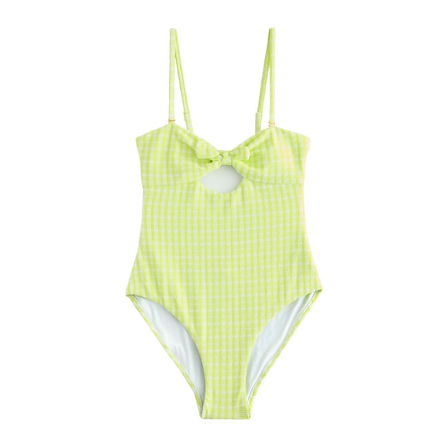 Maillot de bain bandeau à nouer sur le devant vichy vert citron froissé <span itemprop=