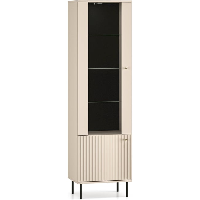 Vitrine haute bois à porte rainurée CALETTO Couleur cashmere beige avec poignées dorées et pieds noirs <span itemprop=