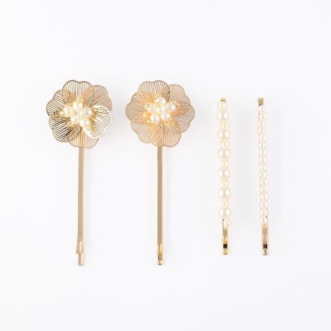 Set de 4 pinces fleurs et perles doré <span itemprop=