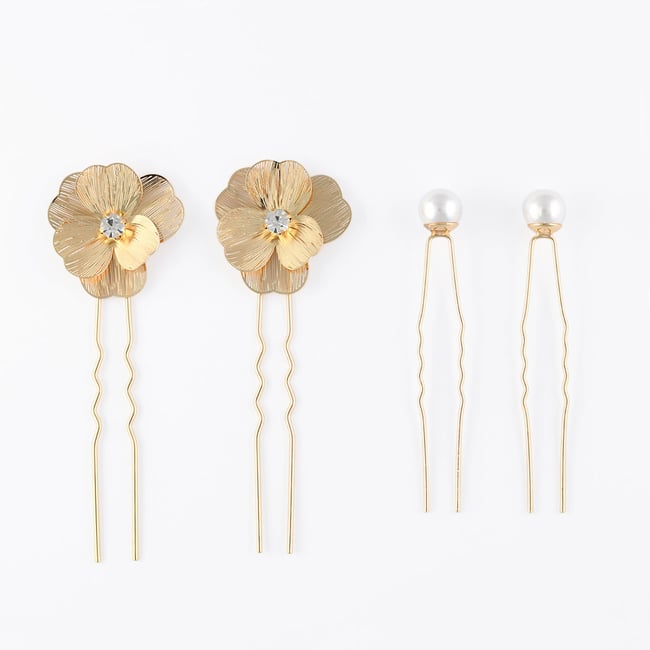 Set de 4 pinces fleurs strassées et perles doré <span itemprop=