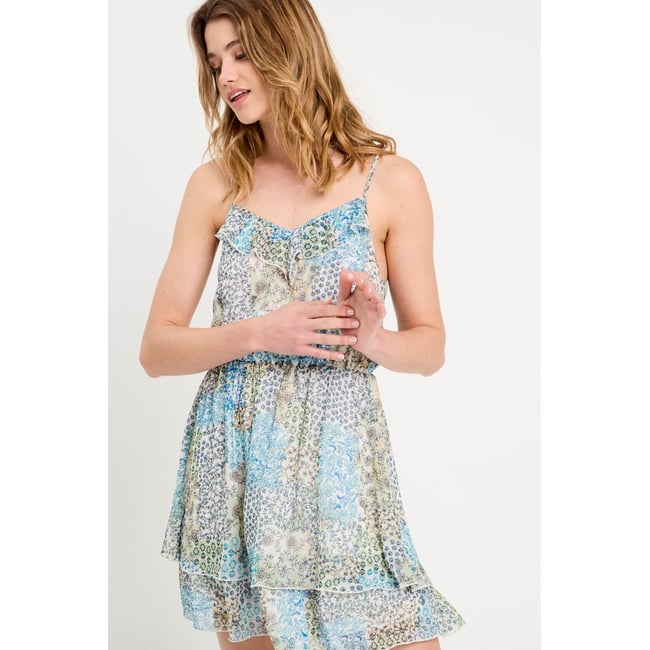 Robe évasée volants bleu <span itemprop=