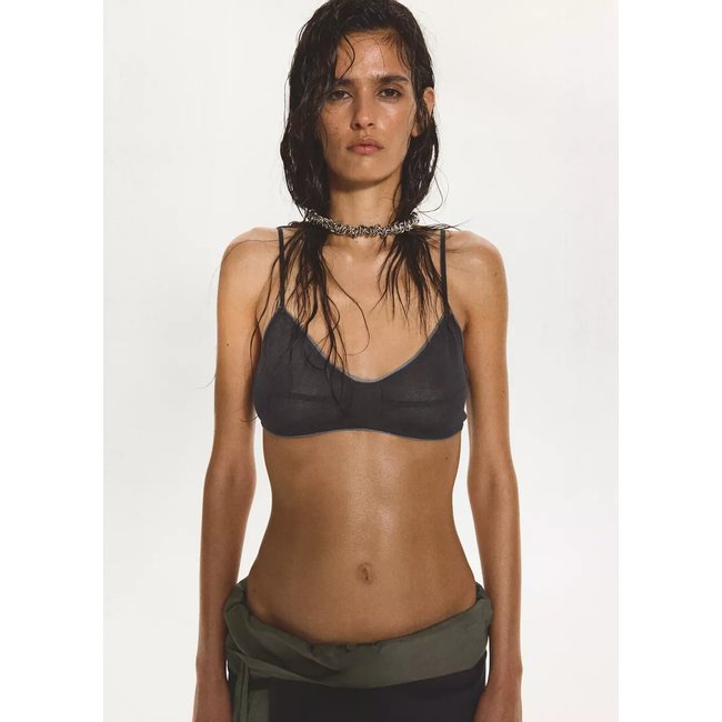 Top court en maille semi-transparente bleu foncé <span itemprop=
