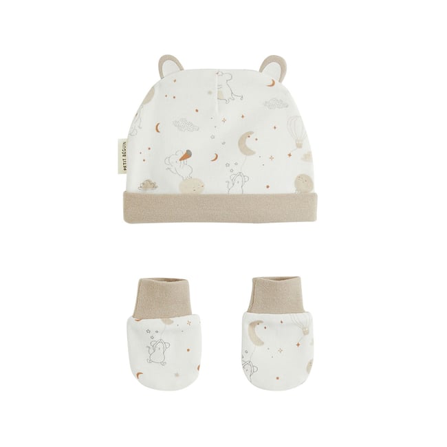 Bonnet bébé et moufles Eliah ecru <span itemprop=