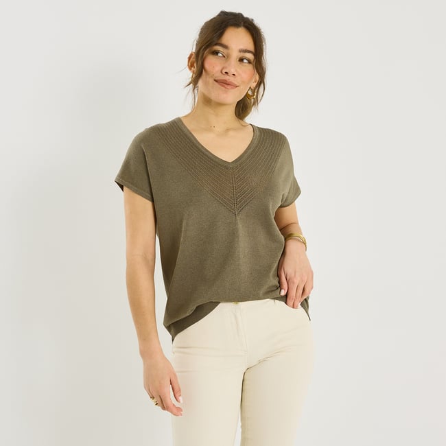 Pull brillant manches courtes vert kaki <span itemprop=