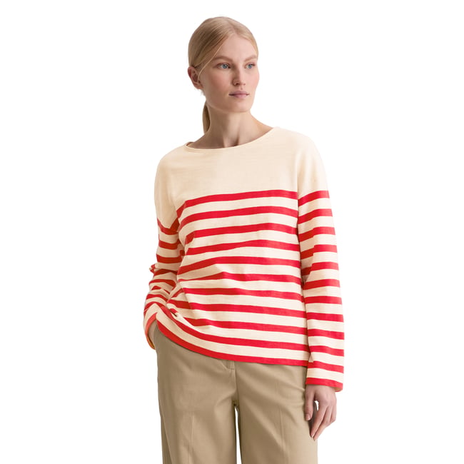 T-shirt long rayé relaxed en jersey heavy slub teint en fil rouge <span itemprop=