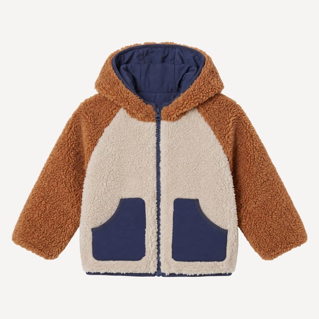 Doudoune chaude à capuche réversible bleu marine/camel <span itemprop=
