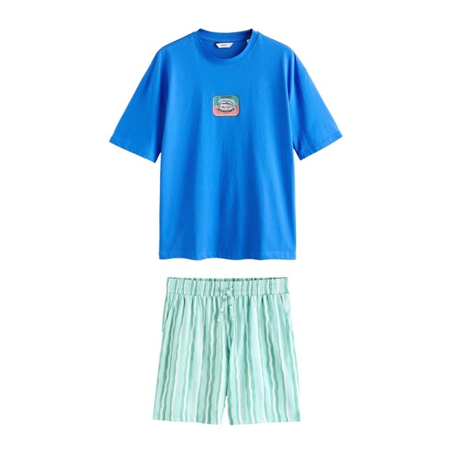 Pyjama en jersey à manches courtes et motif bleu/vert <span itemprop=
