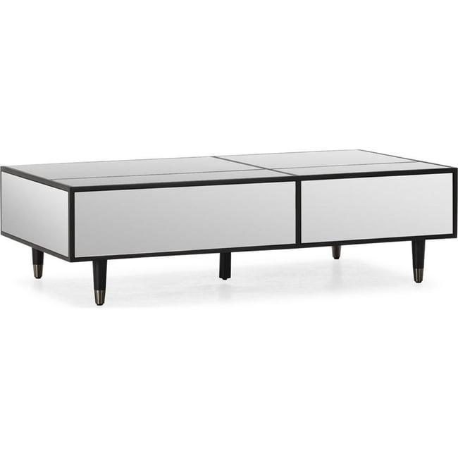 Table basse miroir à 2 tiroirs, Pieds métal Couleur noir et miroir fumé <span itemprop=