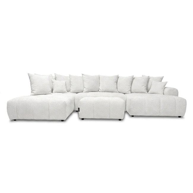 Canapé panoramique convertible 6 places en tissu bouclette avec pouf, ROXELANE - BOBOCHIC