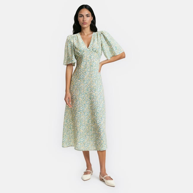 Robe midi col V manches courtes imprimé floral imprimé fleur multicolore <span itemprop=