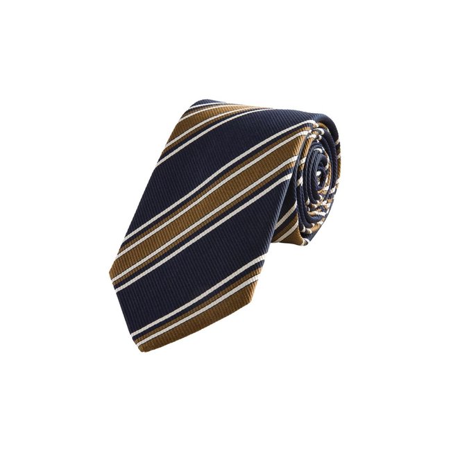 Cravate rayée en soie italienne signature bleu marine/ocre <span itemprop=