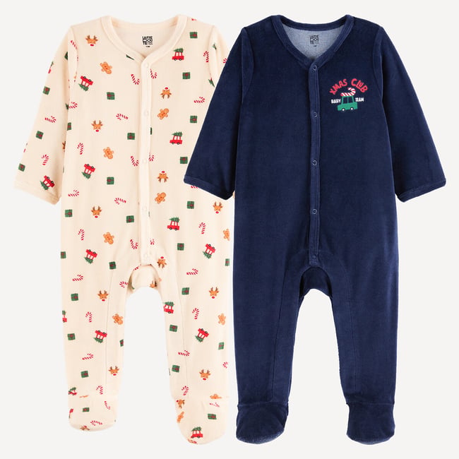 Pack of 2 Christmas Theme Velour Sleepsuits, navy blue + ecru, LA REDOUTE COLLECTIONS