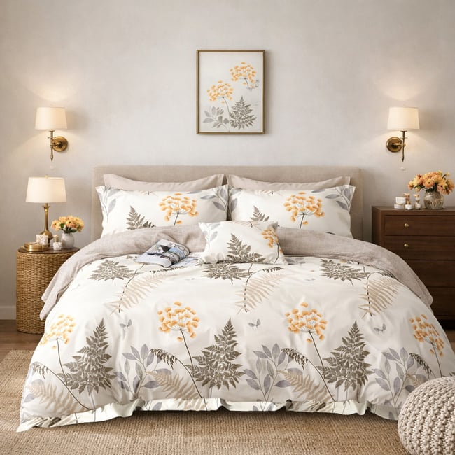 Parure de lit en percale de coton imprimé botanique beige orange, Tila multicolore <span itemprop=