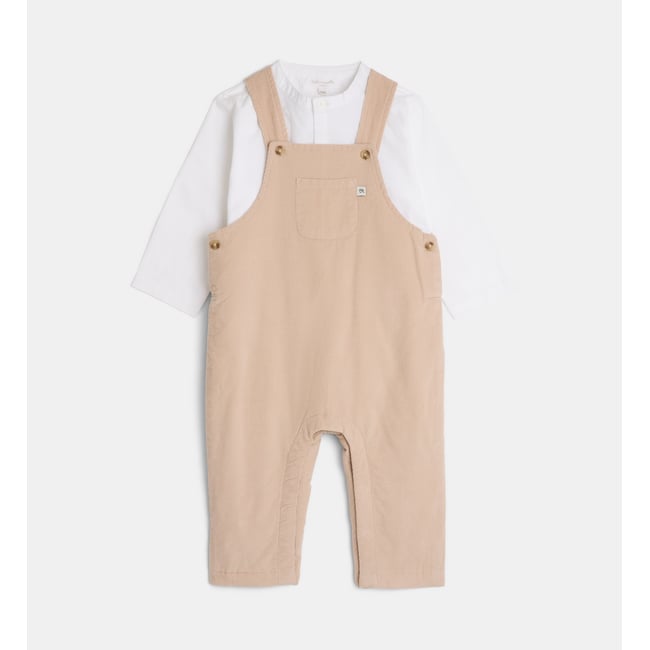 Ensemble salopette chemise targo velours coton bio écru et beige <span itemprop=