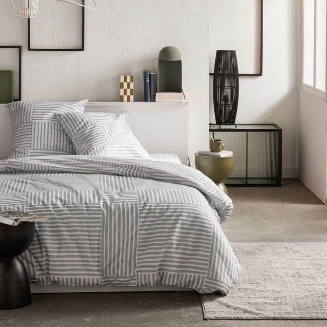 Parure de lit imprimé A carreaux CRAZY SIMEON beige <span itemprop=
