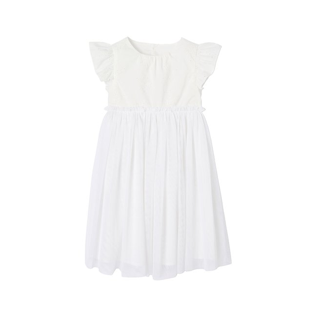 Robe cérémonie bi-matière en broderie anglaise et tulle blanc <span itemprop=
