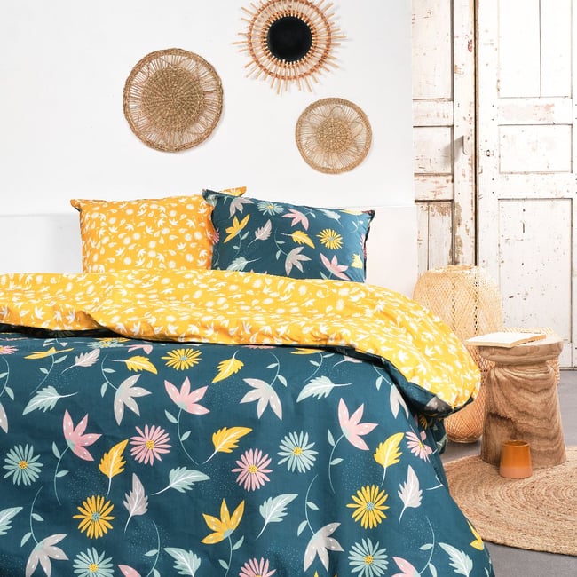 Parure de lit imprimé Floral coton SUNSHINE PAOLA jaune <span itemprop=